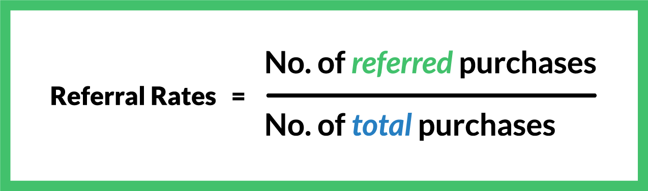 Formula for referral rate: no. of referred purchases ÷ no. of total purchases