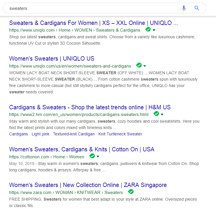 ecommerce seo - long tail keywords sweaters google search example seo keyword