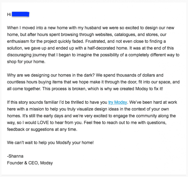 how to write welcome email examples ecommerce - modsy welcome email casual tone