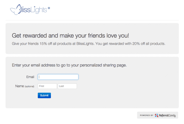 BlissLights referral program ReferralCandy
