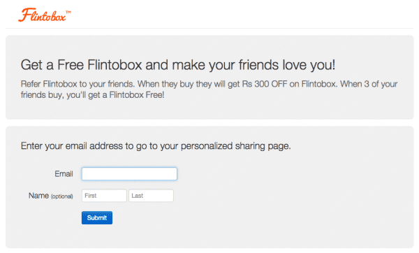 Flintobox referral page ReferralCandy