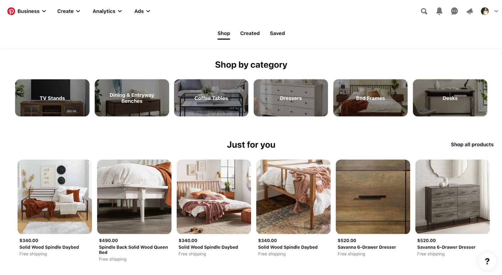 Pinterest Business shop by category example