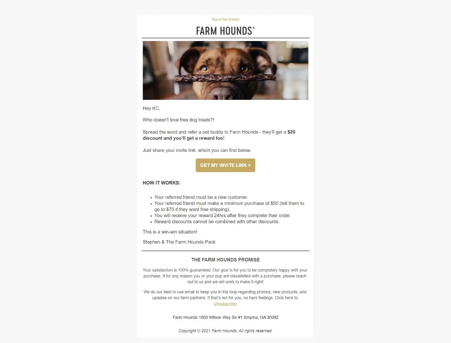 Farm Hounds referral email in Klaviyo