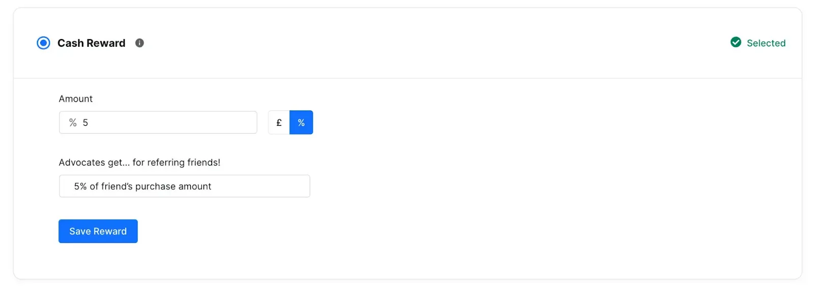Cash reward offering inside of ReferralCandy