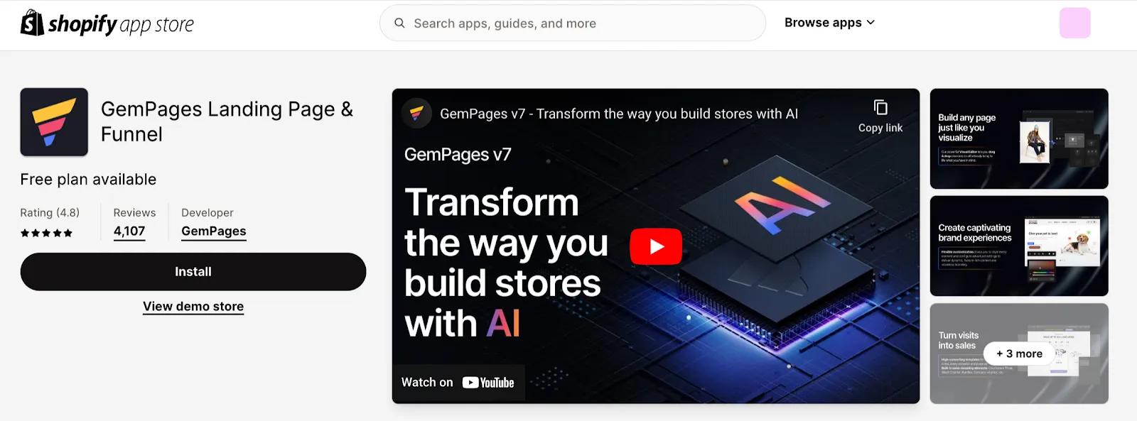 screenshot of GemPages within Shopify App store