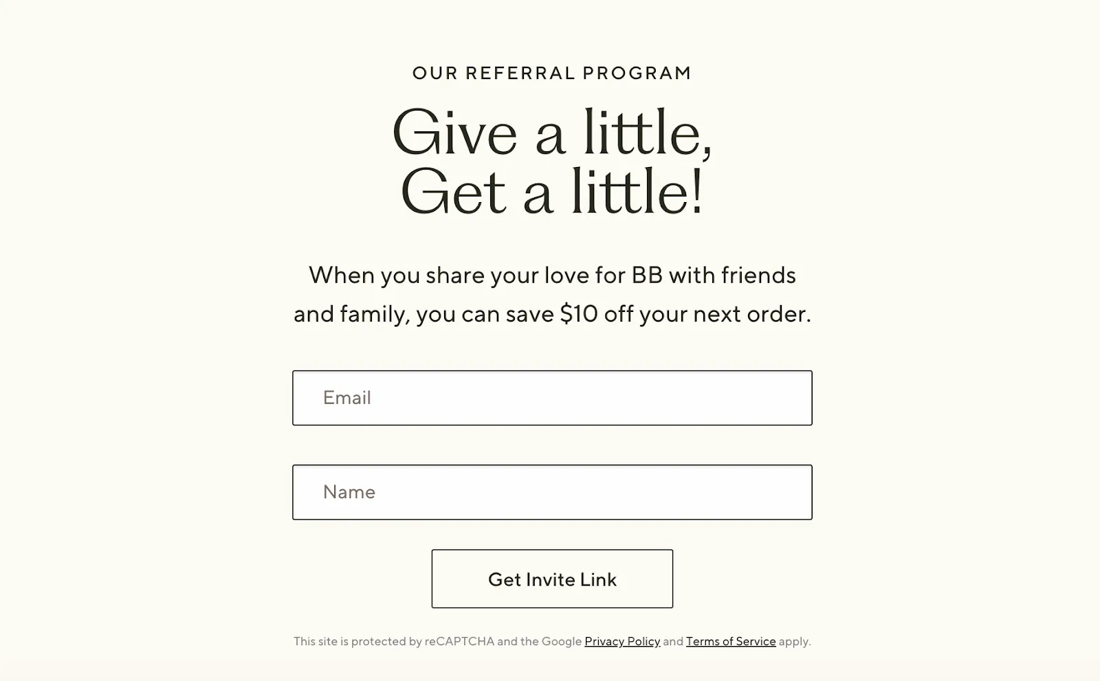 Referral program landing page example from Branch Basics