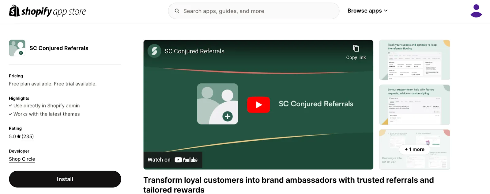 Shopify app store page of SC Conjured Referrals