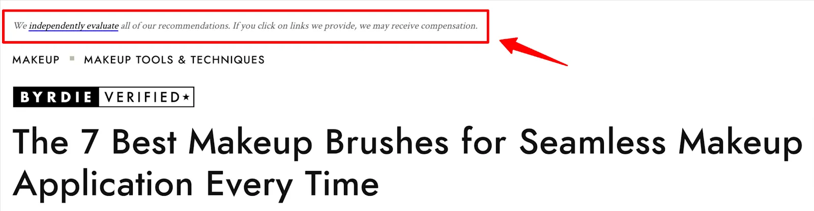 Affiliate disclosure example from Byrdie