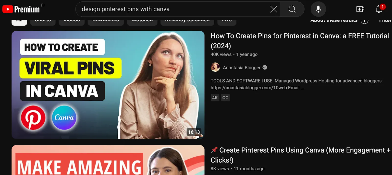 Design pinterest pins with Canva Youtube search