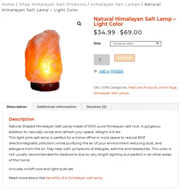 Himalayan salt lamp product page