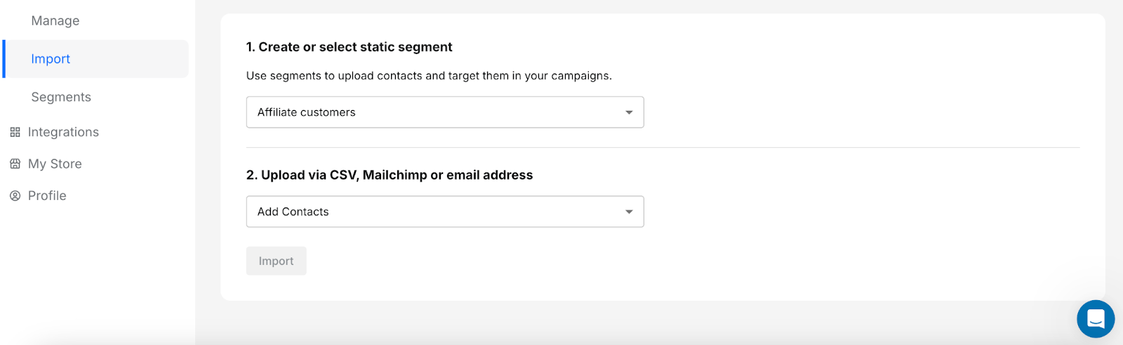 Affiliate contact import settings