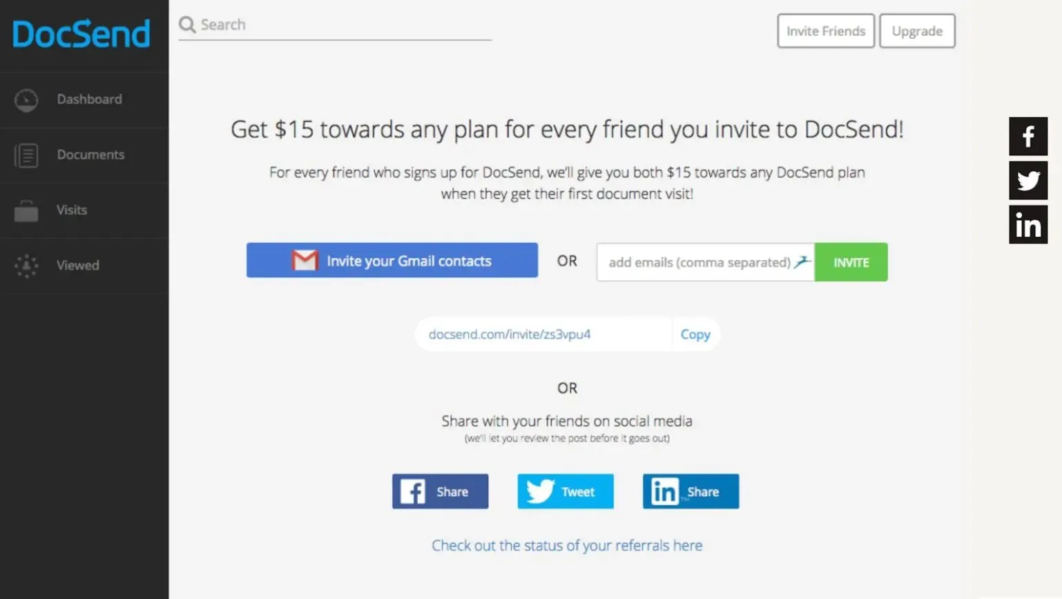 A screenshot of DocSend's old refer a. 