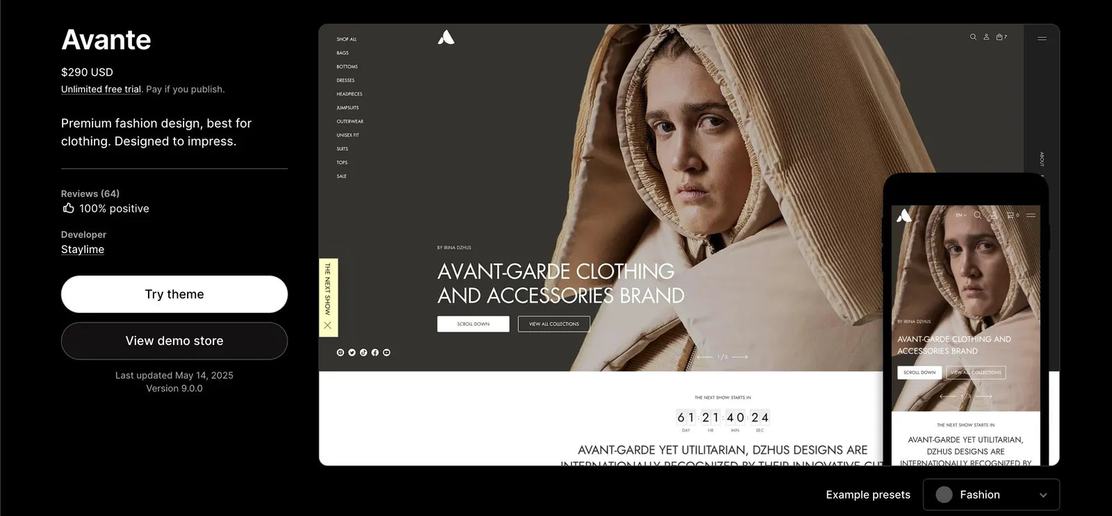 Avante Shopify theme landing page