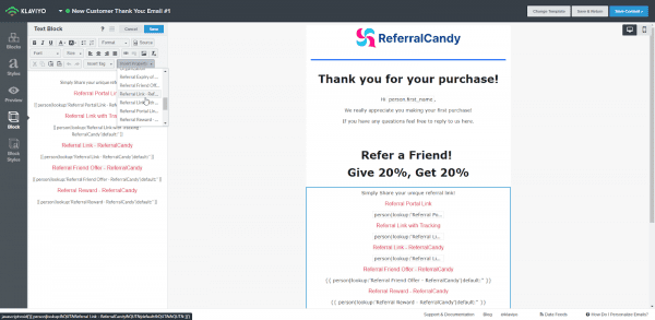 referralcandy klaviyo integration merge tags add referral links into newsletters