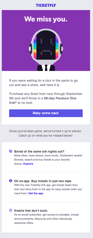 ecommerce slow months - winback emails ticketfly -- referralcandy jilt guestpost