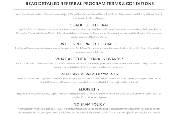 Dappertime referral program details terms and conditions ReferralCandy
