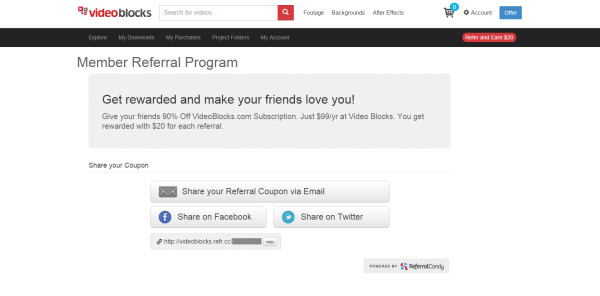 Videoblocks member referral page