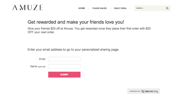 Amuze referral program sign up page