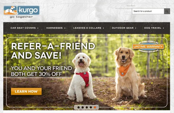Kurgo has a strong, delightful hero image in their carousel alerting you to their referral program.