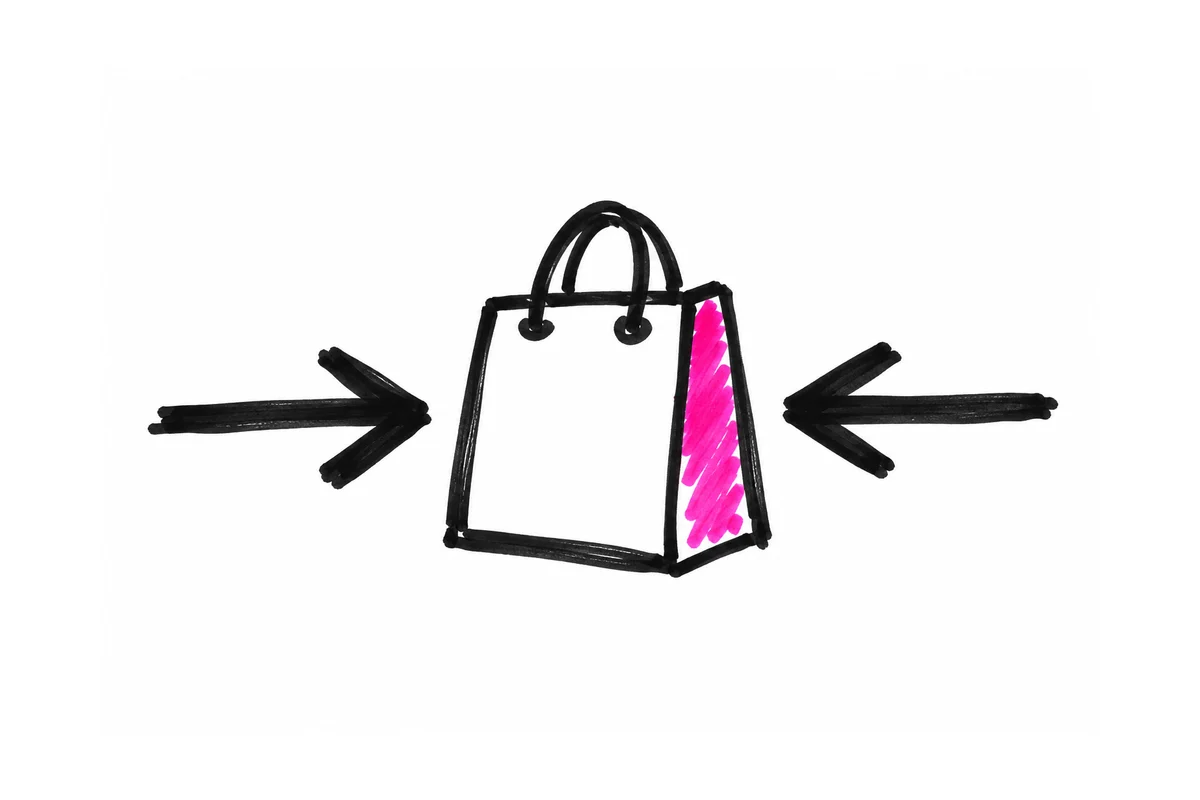 Black-marker sketch of two arrows pointing toward one shopping bag, with a pink side panel.