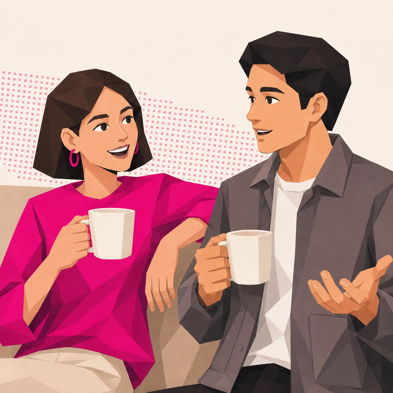 Two illustrated friends sitting on a couch with coffee mugs, one recommending a brand to the other