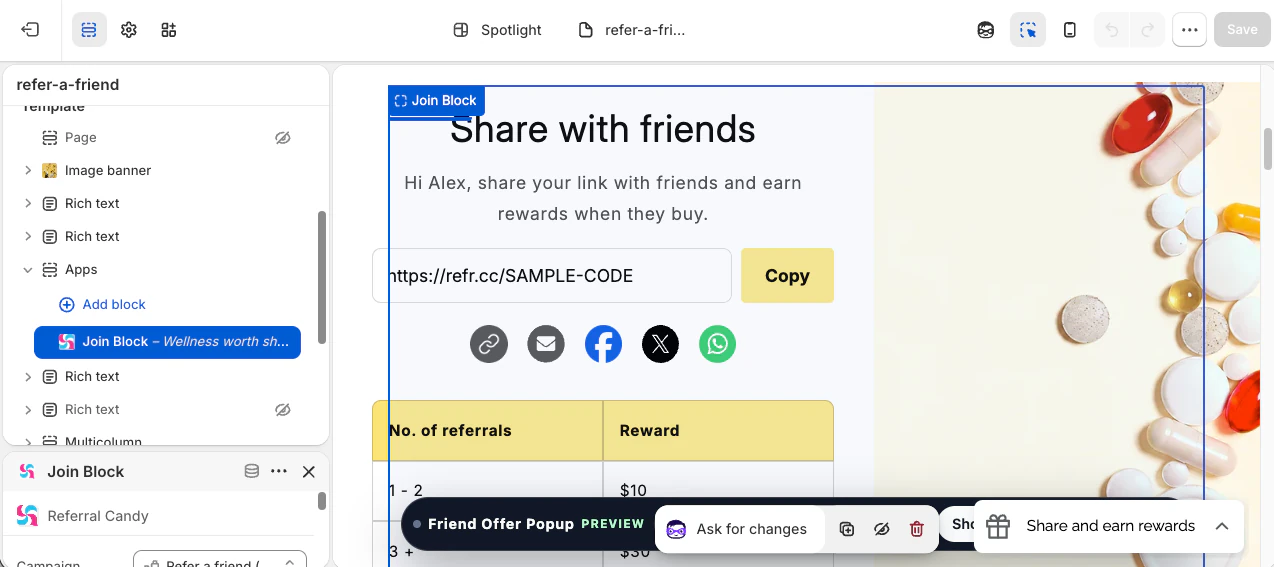 ReferralCandy Join Block selected in the Shopify Theme editor on a refer-a-friend page