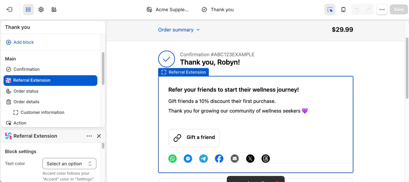 ReferralCandy Referral Extension app block selected on the Shopify checkout Thank You page