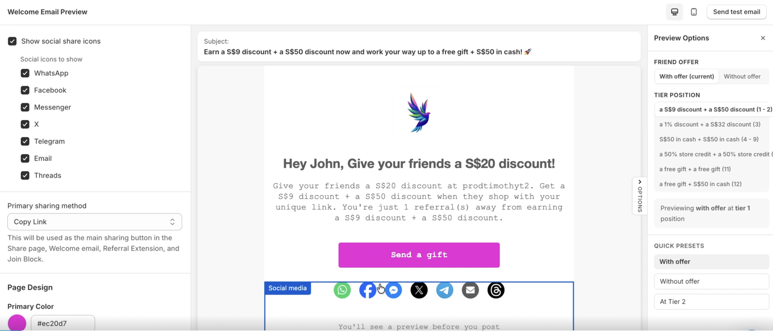 Marketing email editor showing configurable social media icons for advocate and affiliate emails