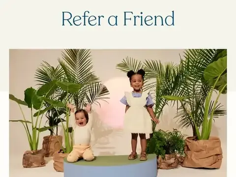 Pipette referral page with children among plants beneath its Refer a Friend heading